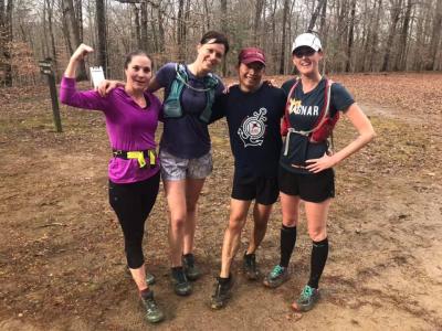 Run organizer Lydia Durand, sandwiched here by Sheila Vibert, Homer Komthirath and Blair Petrilli