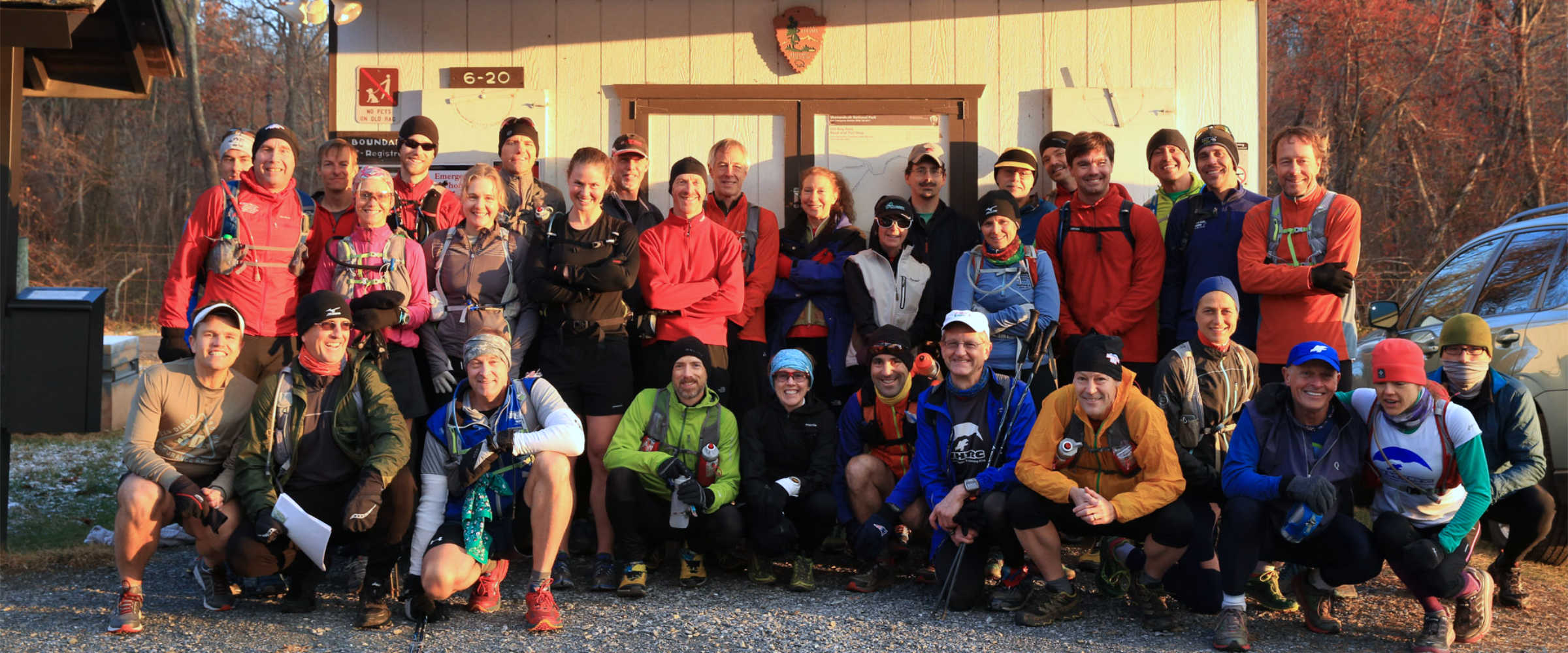 Group shot in the Old Rag parking lot before the 2014 Vicki's Death March